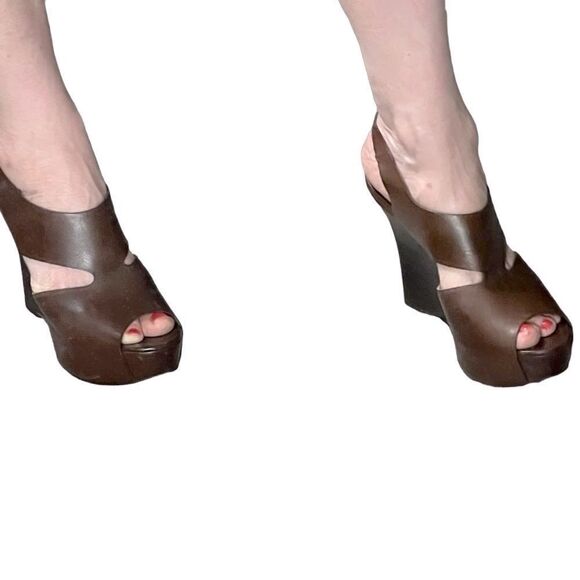 Marni Brown Leather Cutout Slingback Platform Wedge Wood 5” Heel 40 8.5 - Picture 4 of 16